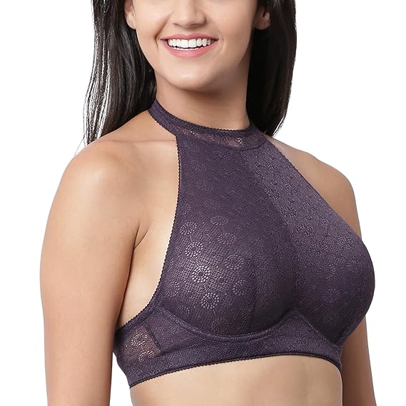 Enamor Women's Everyday Fashion Bra – Full Support, Non-Padded, Wired, Full Coverage, Halter Neck with Lace Detailing
